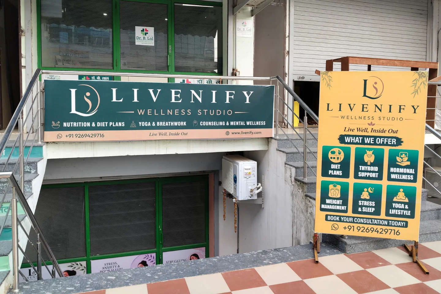 Livenify Wellness Studio entrance below Dr. B. Lal Labs
