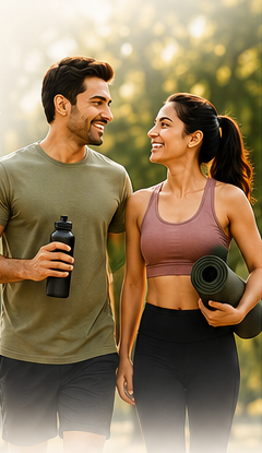 A couple walking outdoors with a yoga mat